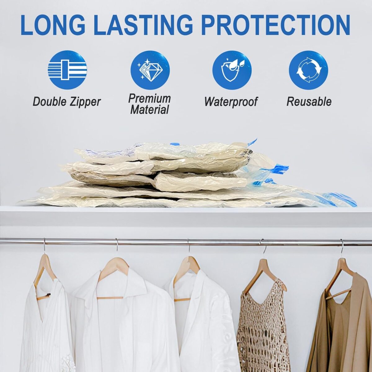 20 Pack Vacuum Storage Bags with Hand Pump, 4 Jumbo + 4 Large + 4 Medium + 8 Small Plastic Packaging Bags, 80% Space Saver Vacuum Seal Bags for Clothing, Travel Lugggage, Blankets, Comforters - Görsel 6