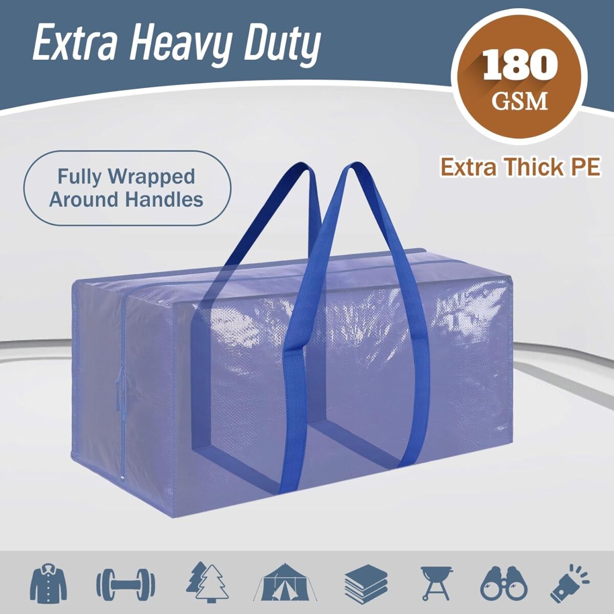 6 Pack Extra Heavy Duty Large Moving Bags with Strong Zipper & Comfortable Handles, Sturdy & Durable Clothes Storage Bags Totes Bins, Packing Moving Boxes for College Supplies, Blue - Görsel 4