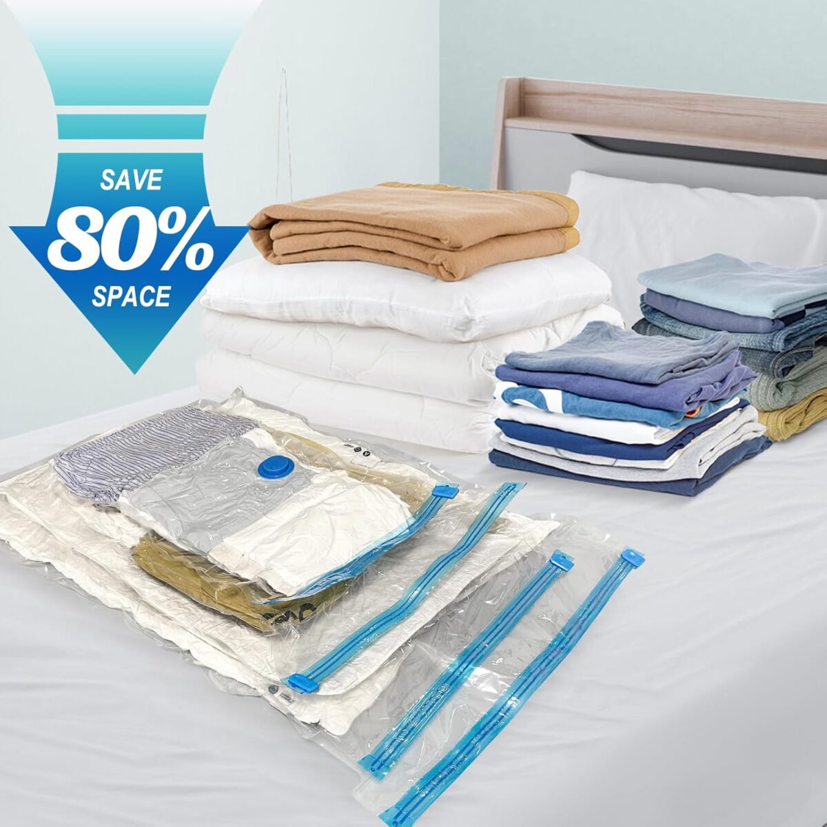 20 Pack Vacuum Storage Bags with Hand Pump, 4 Jumbo + 4 Large + 4 Medium + 8 Small Plastic Packaging Bags, 80% Space Saver Vacuum Seal Bags for Clothing, Travel Lugggage, Blankets, Comforters - Görsel 7