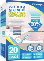 20 Pack Vacuum Storage Bags with Hand Pump, 4 Jumbo + 4 Large + 4 Medium + 8 Small Plastic Packaging Bags, 80% Space Saver Vacuum Seal Bags for Clothing, Travel Lugggage, Blankets, Comforters