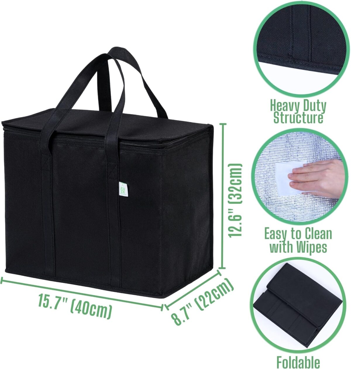 2 Pack Cooler Bags - Insulated for Food Delivery, Collapsible and Reusable Shopping Bags with Zipper, Foldable, Heavy-Duty, Stands Upright - Ideal for Groceries - Görsel 2