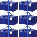6 Pack Extra Heavy Duty Large Moving Bags with Strong Zipper & Comfortable Handles, Sturdy & Durable Clothes Storage Bags Totes Bins, Packing Moving Boxes for College Supplies, Blue