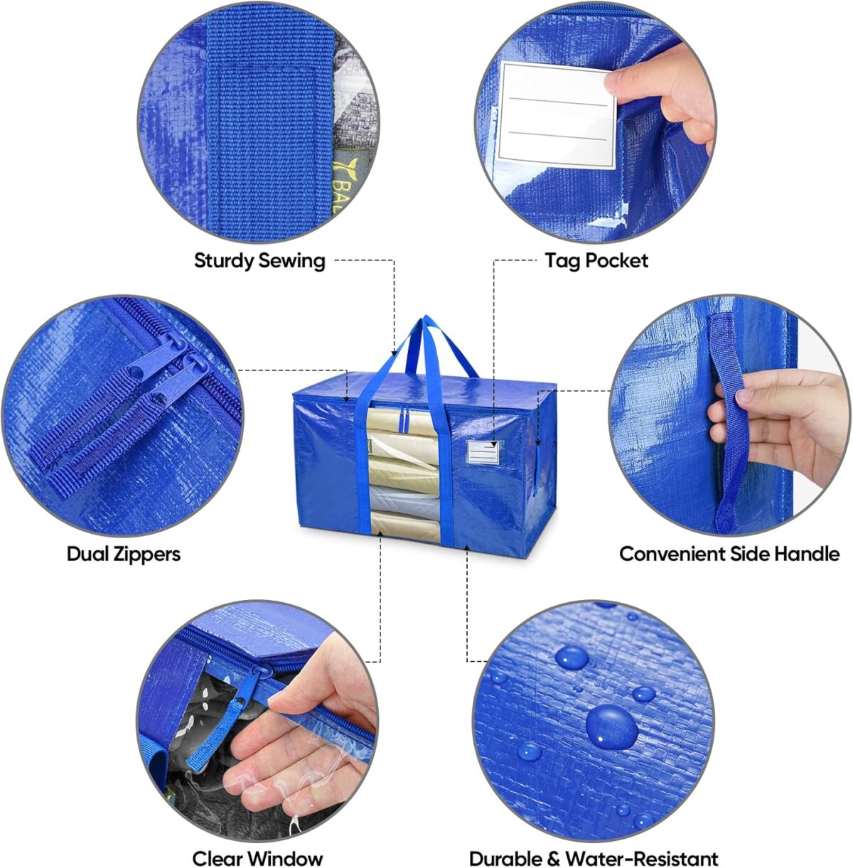 6-Pack Oversized Moving Bags with Reinforced Handles, Heavy-Duty Storage Tote Moving Supplies for Packaging, Camping - Görsel 3