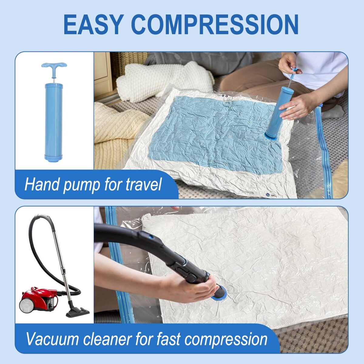 20 Pack Vacuum Storage Bags with Hand Pump, 4 Jumbo + 4 Large + 4 Medium + 8 Small Plastic Packaging Bags, 80% Space Saver Vacuum Seal Bags for Clothing, Travel Lugggage, Blankets, Comforters - Görsel 3