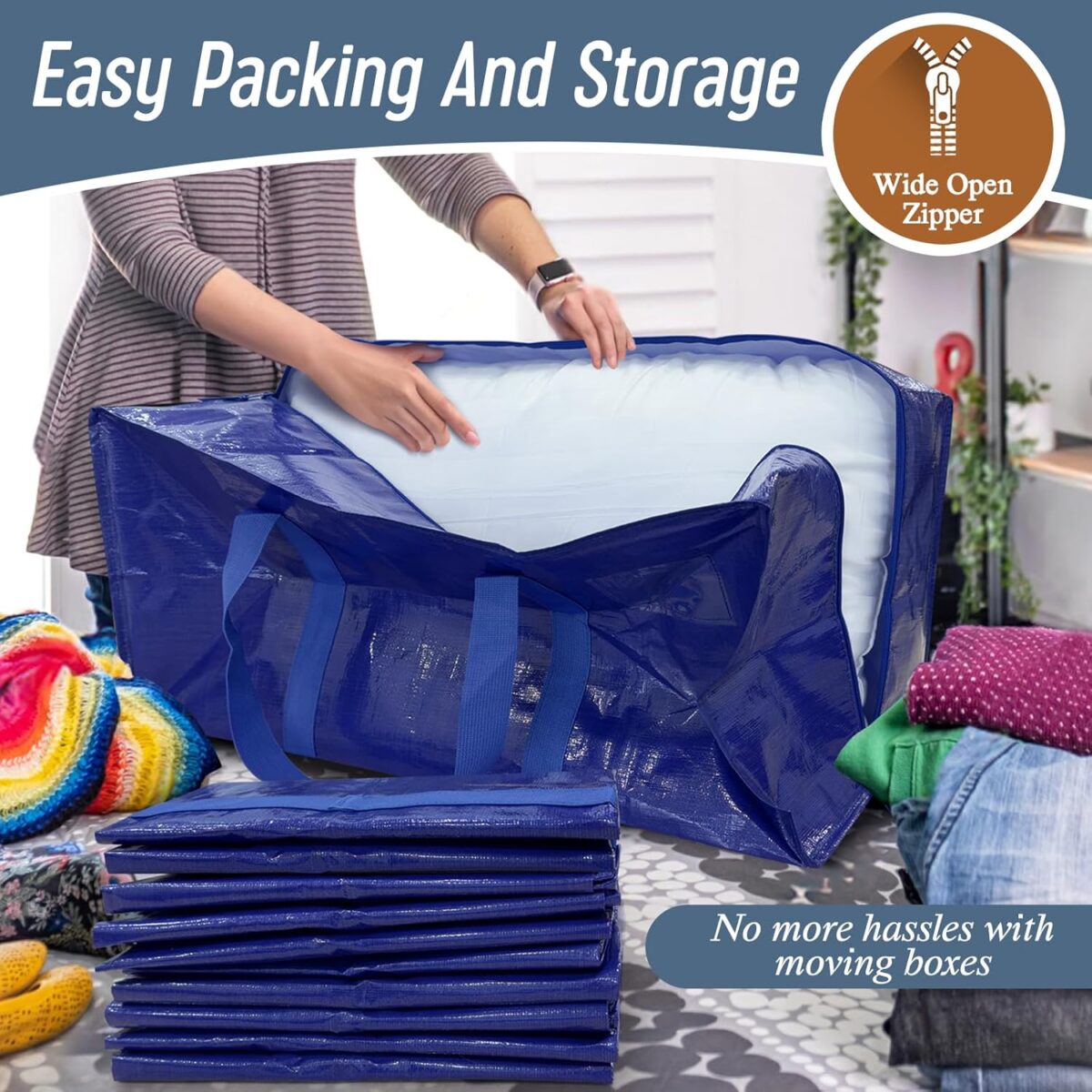 6 Pack Extra Heavy Duty Large Moving Bags with Strong Zipper & Comfortable Handles, Sturdy & Durable Clothes Storage Bags Totes Bins, Packing Moving Boxes for College Supplies, Blue - Görsel 5