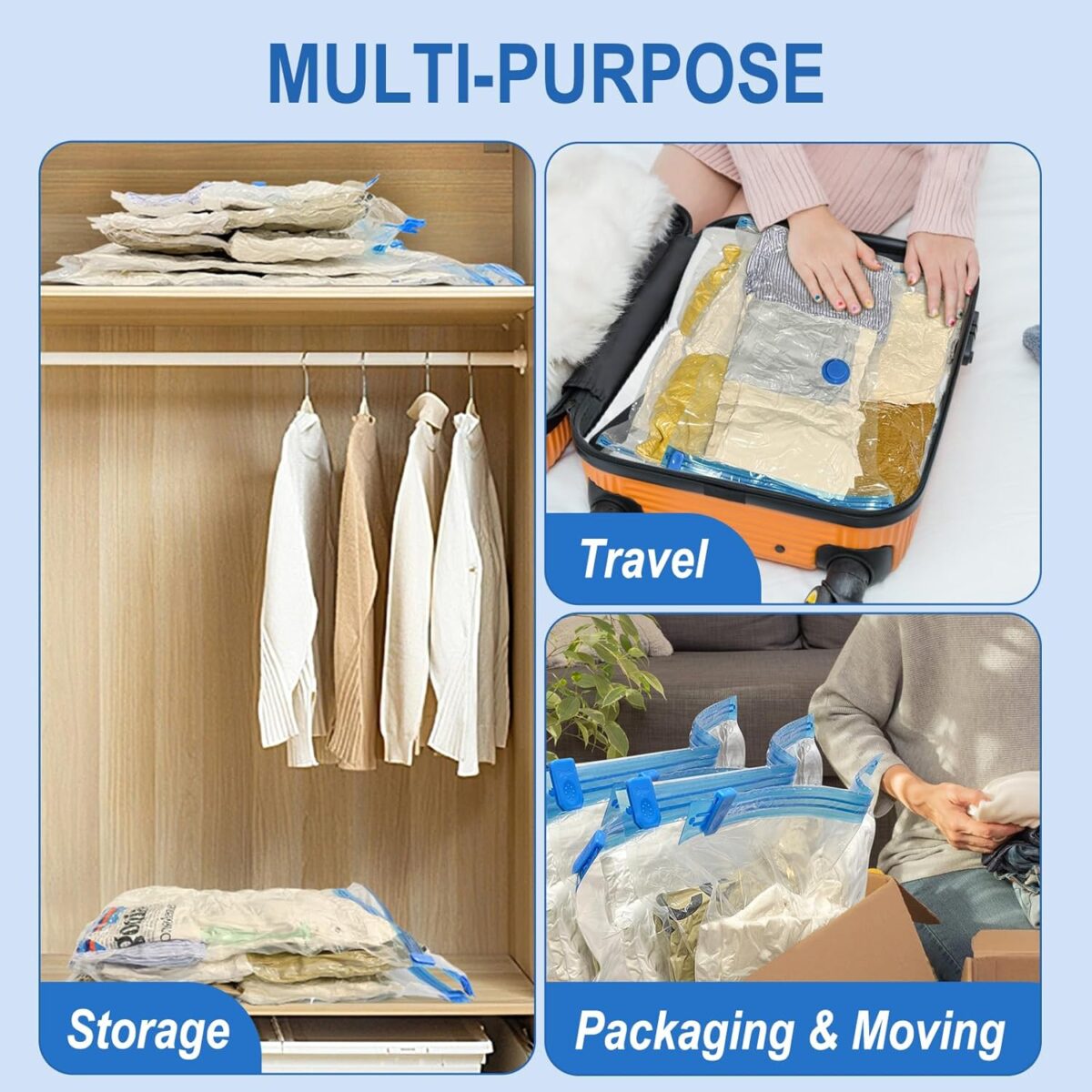 20 Pack Vacuum Storage Bags with Hand Pump, 4 Jumbo + 4 Large + 4 Medium + 8 Small Plastic Packaging Bags, 80% Space Saver Vacuum Seal Bags for Clothing, Travel Lugggage, Blankets, Comforters - Görsel 5