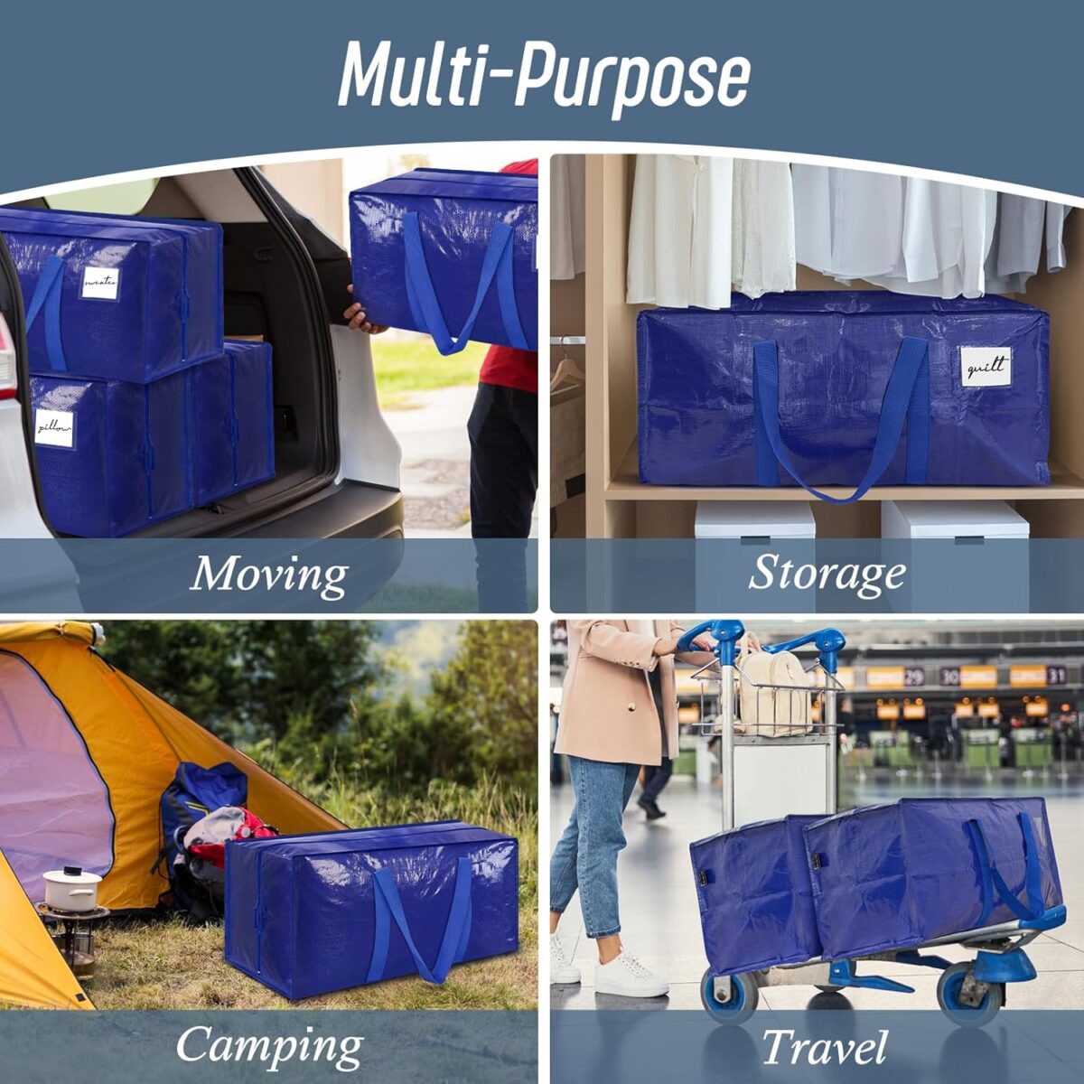 6 Pack Extra Heavy Duty Large Moving Bags with Strong Zipper & Comfortable Handles, Sturdy & Durable Clothes Storage Bags Totes Bins, Packing Moving Boxes for College Supplies, Blue - Görsel 3