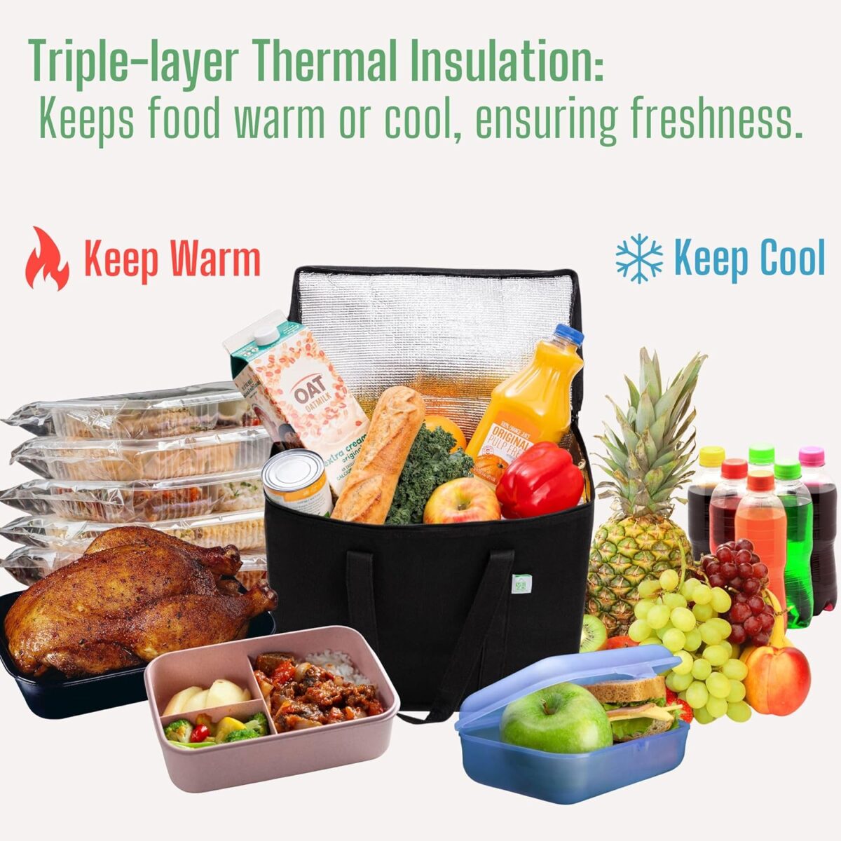 2 Pack Cooler Bags - Insulated for Food Delivery, Collapsible and Reusable Shopping Bags with Zipper, Foldable, Heavy-Duty, Stands Upright - Ideal for Groceries - Görsel 4