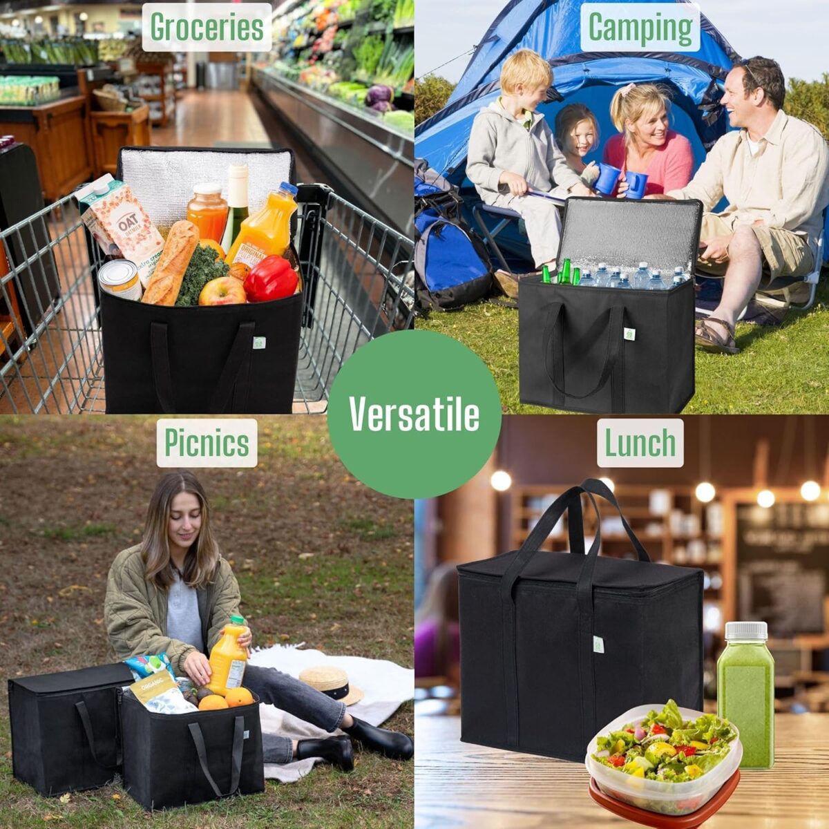 2 Pack Cooler Bags - Insulated for Food Delivery, Collapsible and Reusable Shopping Bags with Zipper, Foldable, Heavy-Duty, Stands Upright - Ideal for Groceries - Görsel 5